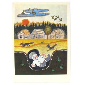 Niño, gato, postal sin usar, arcoíris, pueblo, gallina, postal soviética antigua, Marshak, cuento, ilustración, Vasnetsov, sin firmar, URSS, 1970