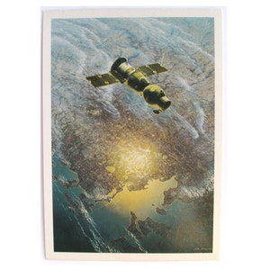 Espaço, Soyuz-22, Cartão Espacial, Impressão Espacial, Arte Espacial, Sokolov, Ilustração, Não Assinado, Cartão Postal Vintage Soviético, URSS, 1985, anos 80