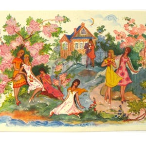 Jeunes femmes, couple, Palekh, carte postale vintage, Kukulieva, folklorique, miniature en laque, art, URSS, carte postale vintage soviétique, non signée, 1969