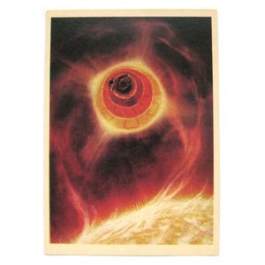 Espace, Zond explorant le soleil, Space Card, Space Print, Space Art, Sokolov, Space, inutilisé, non signé, carte postale vintage soviétique, URSS, 1982