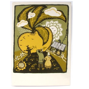 Rosyjska ludowa pocztówka, nieużywana, Olbrzymia rzepa, rzadka radziecka zabytkowa pocztówka, ilustracja, Owczinnikow, ZSRR, 1970, lata 70.
