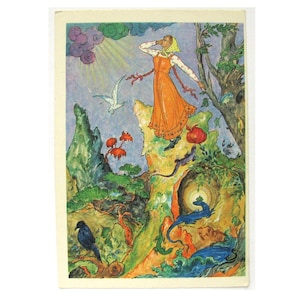 Junge Frau, Rock Meister, unbenutzte Postkarte, Vintage Postkarte, Palekh, Illustration, Kovalyov, Palekh, 1968, 1960er, 60er Jahre, UdSSR