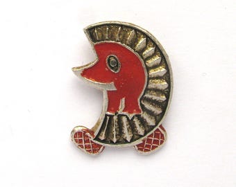 Vintage Hedgehog Badge, Cute Animal Pin, Red Enamel Brooch, Woodland Creature Jewelry, Kids Birthday Gift, 1970s