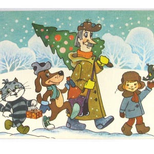 Feliz Año Nuevo, postal sin usar, Prostokvashino, gato, perro, niño, postal soviética vintage, sin firmar, ilustración, Zhebeleva, 1989, década de 1980