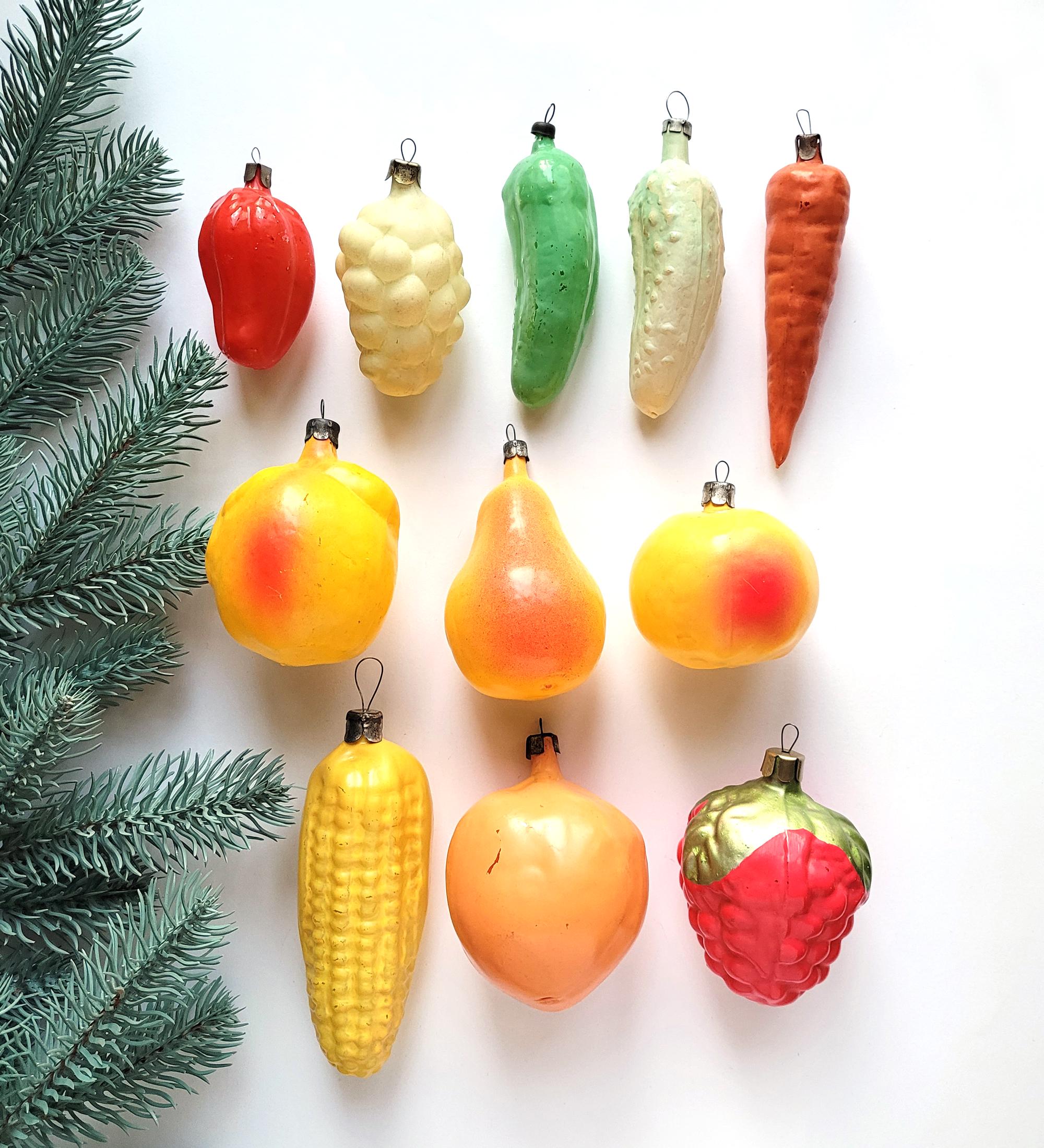 Vegetables, Fruits, Soviet Glass Christmas Ornaments, Soviet Glass