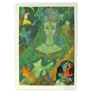 Rock Queen, Master, Stone Flower, Nieużywana pocztówka, Radziecka pocztówka vintage, Palekh, Ilustracja, Kovalyov, Palekh, 1968, Lata 60., Lata 60., ZSRR