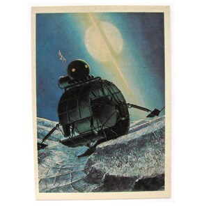 Espacio, Vehículo todoterreno en Titán, Tarjeta espacial, Impresión espacial, Arte espacial, Sokolov, Ilustración, Postal soviética vintage, URSS, 1982, años 80