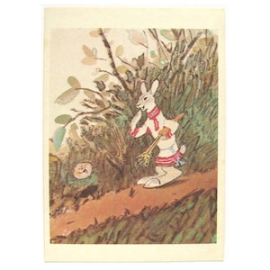 Carte postale de conte folklorique russe, inutilisé, lièvre, Kolobok, carte postale vintage soviétique rare, illustration, Rachev, URSS, 1975, années 70