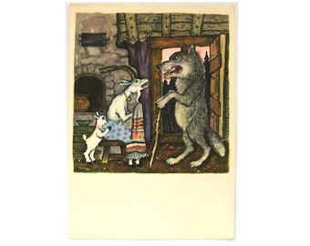 Russische volksverhaalkaart, Wolf and Kids, illustratie, Vasnetsov, ongebruikte ansichtkaart, Sovjet-vintage ansichtkaart, blanco Sovjetkaart, USSR, 1969