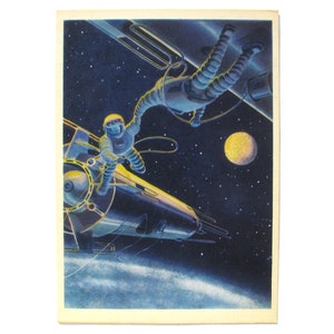 Space, Rendezvous of spacecrafts, Cosmonauts, Space Card, Space Print, Space Art, Unsigned, Rare Soviet Vintage, Sokolov, USSR, 1966, 1960s