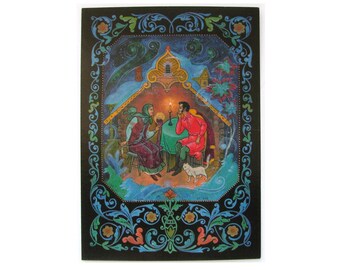 Pushkin, Winter evening, Soviet Postcard, Palekh, Art, Illustration, Print, Soviet Union Vintage Postcard, USSR, Unused, Bokarev, 1985