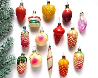 Vintage Glass Christmas Ornaments, Mini Fruit and Vegetable Tree Decor, Pinecone, Xmas Decorations, 60s-80s