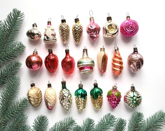 Mini Christmas tree glass ornaments, Santa, Pinecone, Corn, Star, Vintage Christmas, Glass Christmas ornaments, Soviet, USSR, 70s, 80s