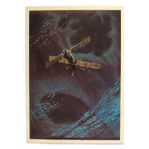 Espaço, Satélite explorando o oceano, Cartão espacial, Impressão espacial, Arte espacial, Sokolov, Não utilizado, Não assinado, Cartão postal vintage soviético, URSS, 1982