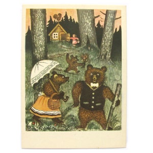 Tres osos, postal sin usar, niña, postal soviética antigua, Marshak, cuento, ilustración, Vasnetsov, sin firmar, URSS, 1967