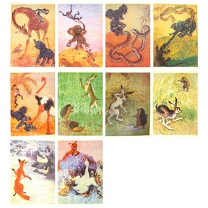 Contos de fadas de Rudyard Kipling e os Irmãos Grimm, Cartão postal, conjunto de 10, Ilustração, Glikman, Animal, Livro antigo soviético, URSS, 1988