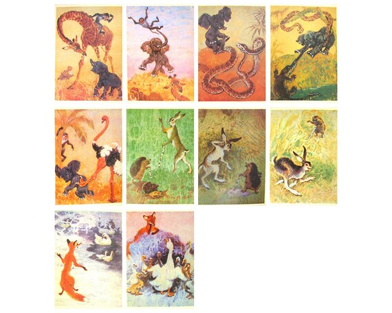 Fairy Tales by Rudyard Kipling and The Brothers Grimm, Postcard, Set of 10, Illustration, Glikman, Animal, Soviet Vintage Book, USSR, 1988