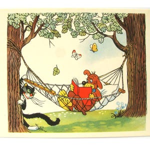 Cane che legge, cartolina rara inutilizzata, gatto, umorismo, illustrazione, Suteev, rara cartolina sovietica d'epoca, URSS, 1964, anni '60, '60