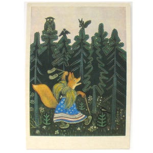 Zorro, postal sin usar, arcoíris, ardilla, búho, postal soviética antigua, Marshak, cuento, ilustración, Vasnetsov, sin firmar, URSS, 1970