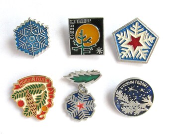Happy New Year Pins, Holiday Pin, Vintage badge, Moon, Christmas tree, Snowflake, Pick from Set, Soviet Vintage Pin, Soviet Pin, USSR