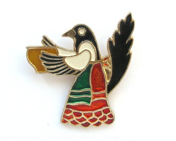 Magpie with pot, Rare Vintage metal collectible badge, Animal, Bird, Soviet Vintage Pin, Made in USSR, 1980s