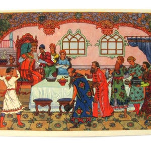 Czar Saltan, Cartão postal não utilizado, Cartão postal vintage soviético, Conto, Palekh, Ilustração, Yermolayev, Palekh, 1961, década de 1960, década de 60, URSS