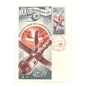 Tarjeta espacial soviética, MaxiCard, Estación orbital, Sin usar, Espacio, Postal soviética vintage, URSS, Sin firmar, Ilustración, 1977