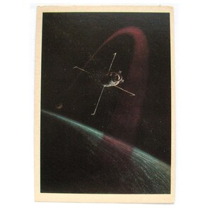 Exploração científica na órbita da Terra, cartão espacial, impressão espacial, arte espacial, Sokolov, espaço, sem assinatura, cartão postal vintage soviético, URSS, 1982