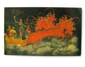 Happy New Year, Troika, Horses, Christmas, Winter, Xmas, Unused,  Palekh, Soviet Vintage Postcard, Golikov, 1981, USSR, 1980s