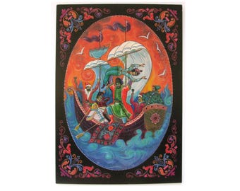 Pushkin, Stenka Razin, Soviet Postcard, Palekh, Art, Illustration, Print, Soviet Union Vintage Postcard, USSR, Unused, Bokarev, 1985