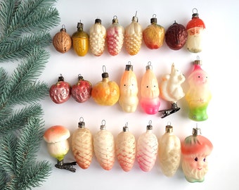Forest story, Glass Christmas ornaments, Acorn, Wallnut, Mushroom, Gnome, Soviet Glass Christmas tree decorations, Vintage, USSR, 70s, 80s