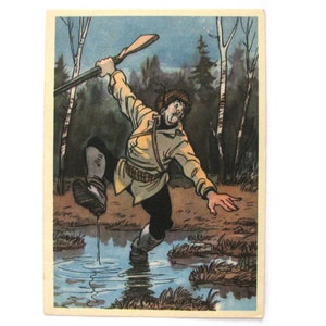 Vintage Illustration, Postkarte, Jagd, Jäger, selten, Humor, Semenov, unbenutzte Postkarte, russische Postkarte, UdSSR, 1960, 1960er, 60er Jahre