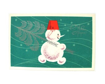 Happy New Year, Unused Postcard, Snowman, Winter, Xmas, Soviet Vintage Postcard, Illustration, Zuskov, 1971, USSR, 1970s