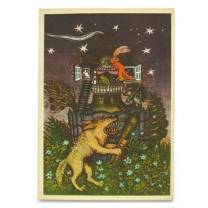 Casa de madera, postal sin usar, Teremok, Lobo, postal soviética antigua, Marshak, cuento, ilustración, Vasnetsov, sin firmar, URSS