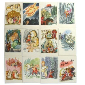 Conte de fées russe, lot de 14 cartes, oiseau de feu, loup gris, carte postale vintage soviétique, illustration, golts, 1969, années 1960, années 60, URSS