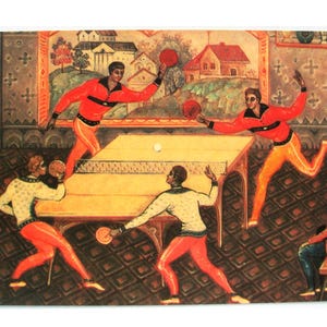 Jouer au ping-pong, Mstera, carte postale, Zuikov, cercueil, folklorique, miniature en laque, art, URSS, carte postale vintage soviétique, 1981
