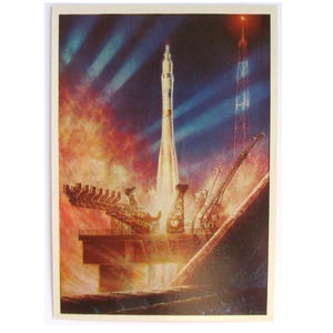 Espaço, Lançamento noturno, Cartão espacial, Impressão espacial, Arte espacial, Sokolov, Ilustração, Não assinado, Raro cartão postal soviético vintage, URSS, 1980, década de 1980