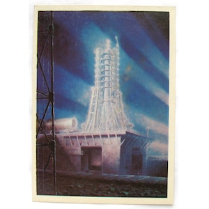 Espaço, Noite antes do lançamento, Cartão espacial, Impressão espacial, Arte espacial, Sokolov, Ilustração, Não assinado, Cartão postal vintage soviético, URSS, 1980, anos 80