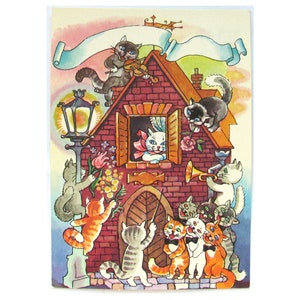 Cartolina per bambini, Casa con gatti, Fumetto, Illustrazione, Inutilizzata, Cartolina d'epoca sovietica, Boyko, 1989