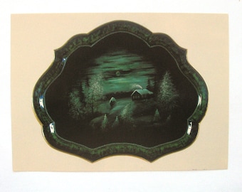 Winterlandschap, Zhostovo, ansichtkaart, Beljajev, dienblad, volks, lakminiatuur, kunst, USSR, Sovjet-vintage ansichtkaart, 1991