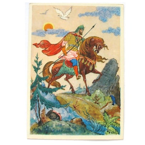 Bogatyr, Cavalo, Cartão-postal não utilizado, Cartão-postal soviético vintage, Ilustração, Bureyev, Palekh, 1968, década de 1960, década de 60, URSS