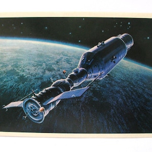 Espace, Soyouz Apollo, carte spatiale, impression de l'espace, art de l'espace, Sokolov, Leonov, illustration, non signée, carte postale vintage soviétique, URSS, 1975, années 1970
