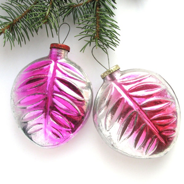 Leaf glass ornaments, Set of 2, Big Glass Bauble, Thick double glass, Rare, Soviet Glass Christmas tree decorations, USSR, Soviet, 70s