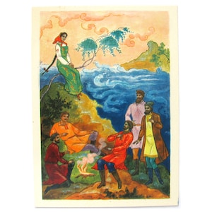 Mujer joven, hombres, postal sin usar, postal soviética antigua, Kochnev, Palekh, ilustración, Malinkin, ilustración, 1969, década de 1960, años 60, URSS