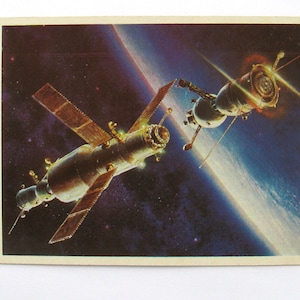 Espaço, Encontro da Soyuz-27, Cartão Espacial, Impressão Espacial, Arte Espacial, Sokolov, Ilustração, Não Assinado, Cartão Postal Soviético Vintage, URSS, 1980, anos 80