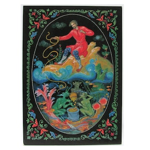 Pushkin, postal soviética, Palekh, arte, ilustración, impresión, postal vintage de la Unión Soviética, URSS, postales sin usar, Bokarev, 1985