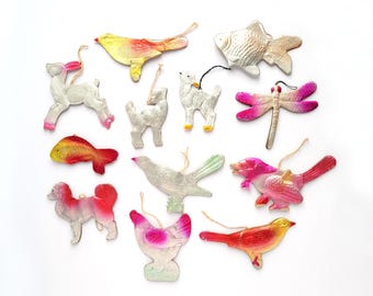 Embossed Dresden cardboard Christmas ornaments,  Vintage woodland animal tree decor, Paper Christmas tree decorations, Dog, Fish, Bird