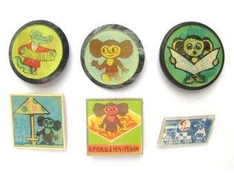 Cheburashka, Crocodile Gena, Badge, Cartoon characters, Vintage collectible badge, Soviet Pin, Pick from Set, Stereo, Made in USSR, 1970s