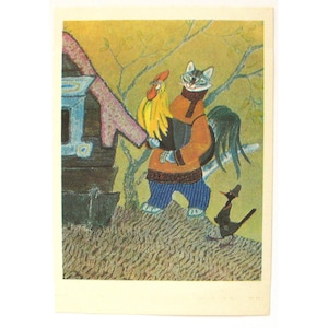 Rosyjska opowieść ludowa, Ilustracja autorstwa Racheva, Kot, Kogut, Sztuka, Humor, Nieużywana pocztówka, Radziecka stara pocztówka, ZSRR, „Radziecki artysta”, 1975