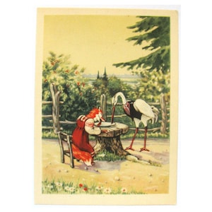 Carte postale de conte folklorique russe, renard et grue, inutilisé, animal, carte postale vintage soviétique rare, illustration, Kouzmine, fabriquée en URSS, 1955, années 50